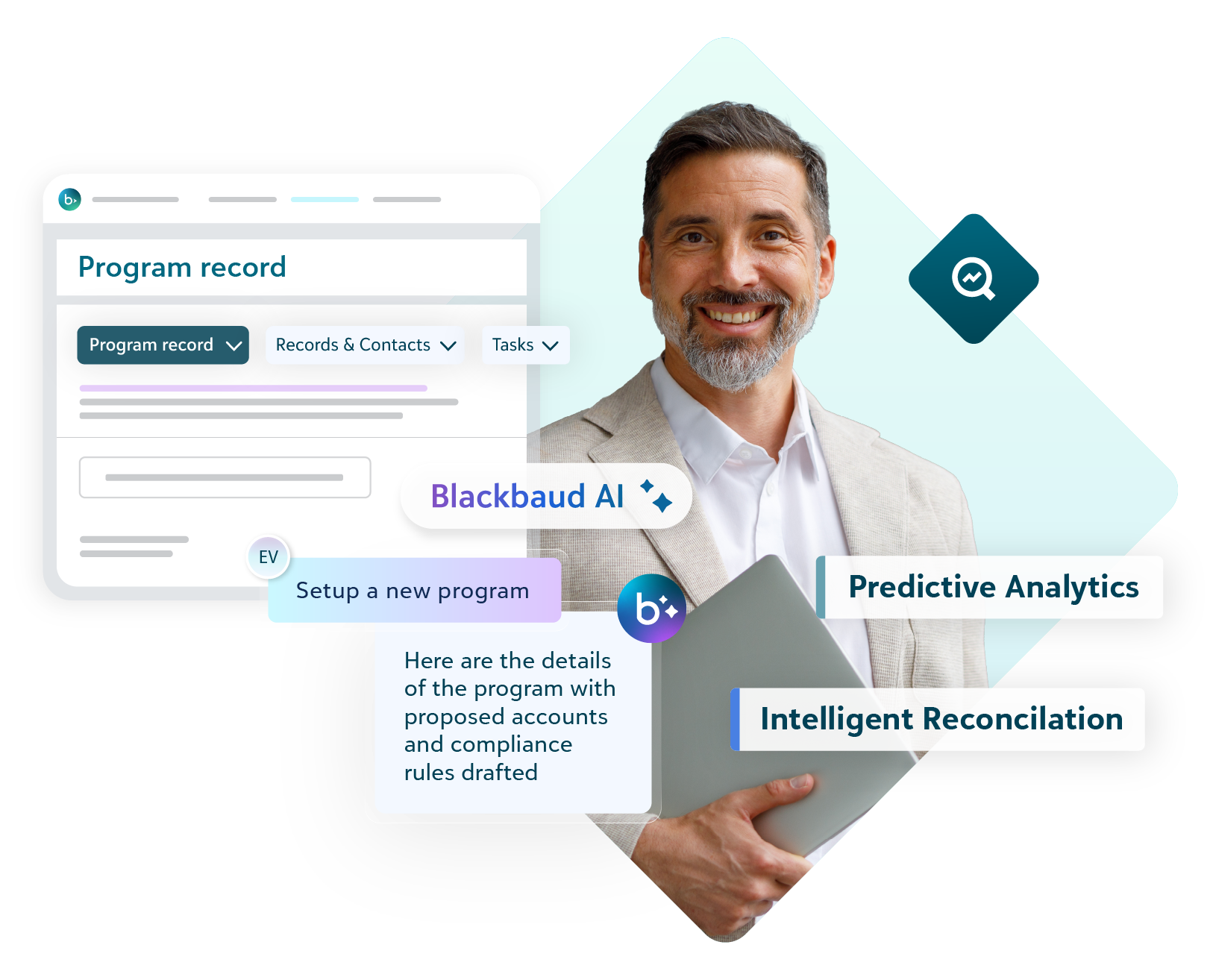 Smiling man holding a laptop next to a Blackbaud AI program record interface highlighting predictive analytics and intelligent reconciliation.