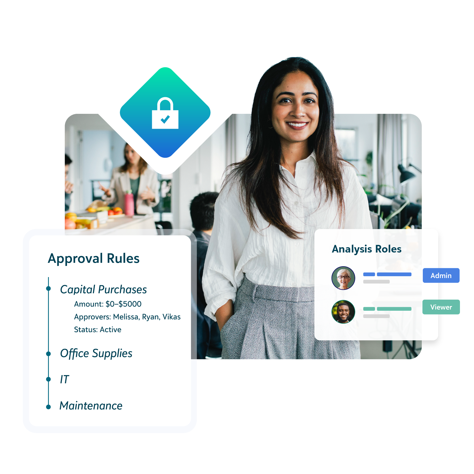 Nonprofit professional with an Approval Rules and Analysis Roles interface showing fund accounting compliance features in Financial Edge NXT.