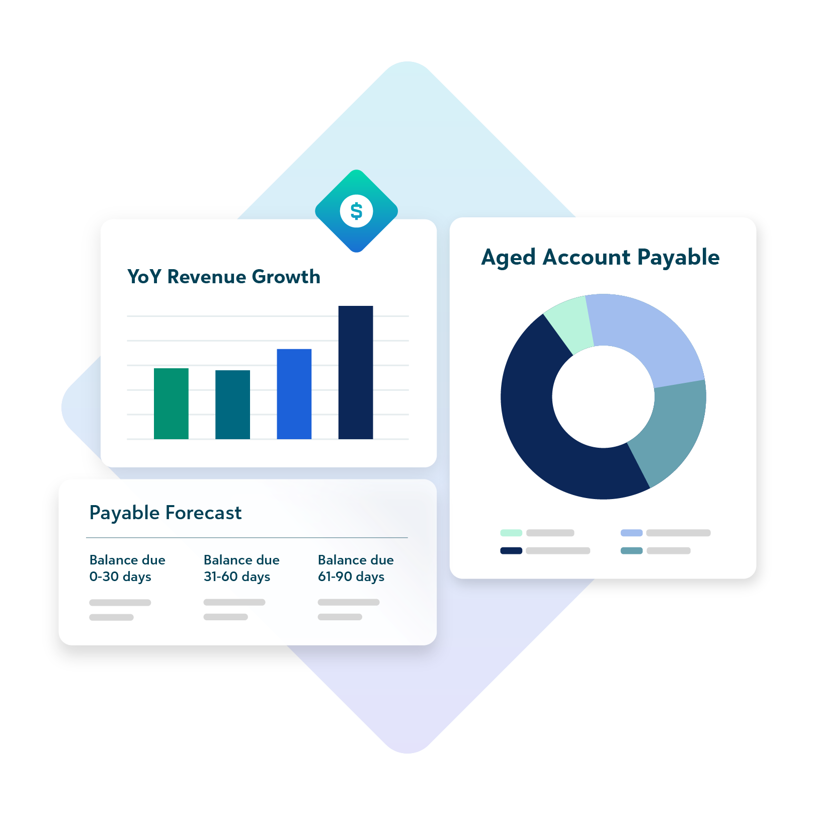 Financial dashboard showing YoY revenue growth, aged accounts payable, and payable forecast visuals used for internal financial controls.