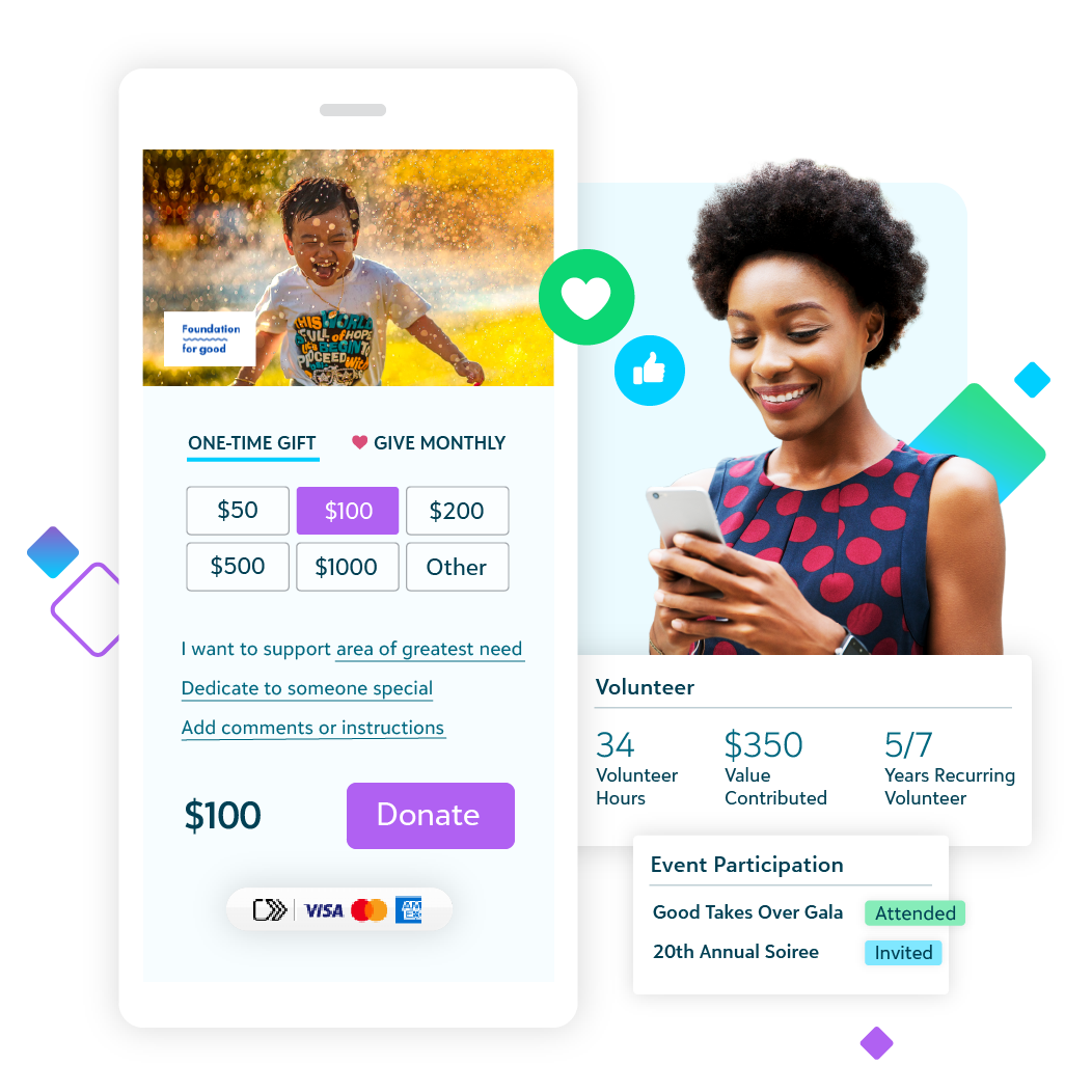 Mobile donation interface showing preset gift amounts and a Donate button, alongside a supporter dashboard with volunteer hours, contribution value, and event participation.