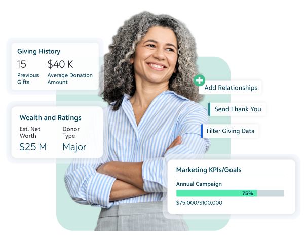 Smiling woman with arms crossed beside CRM cards showing giving history, wealth ratings, and campaign KPIs.