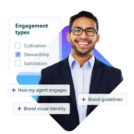 Smiling man beside an AI engagement panel with cultivation, stewardship, and solicitation options and agent controls.