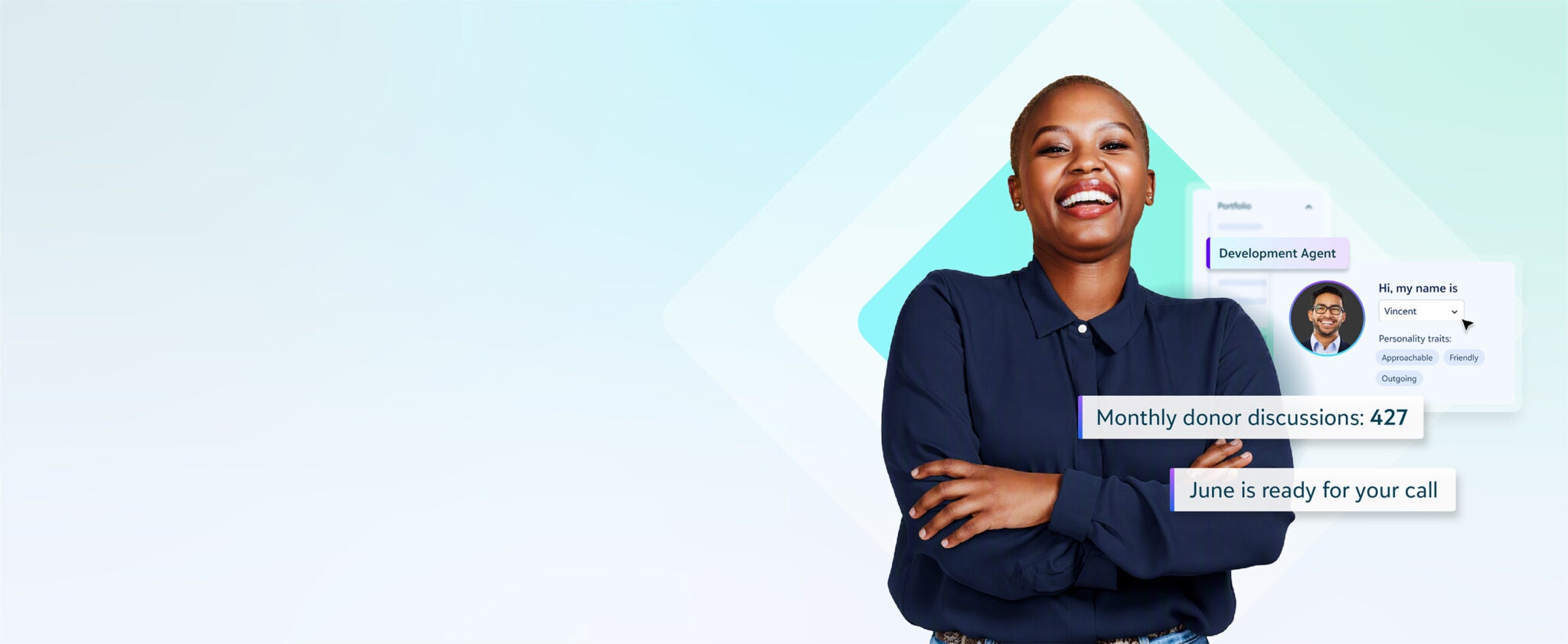 Woman standing confidently with arms crossed, surrounded by Blackbaud AI-powered campaign insights and performance metrics