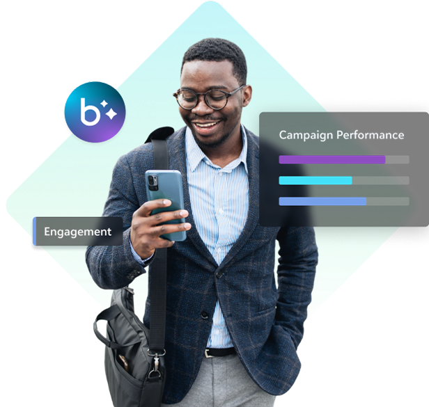 Business casual young man walking and looking at the phone smiling, with text 
