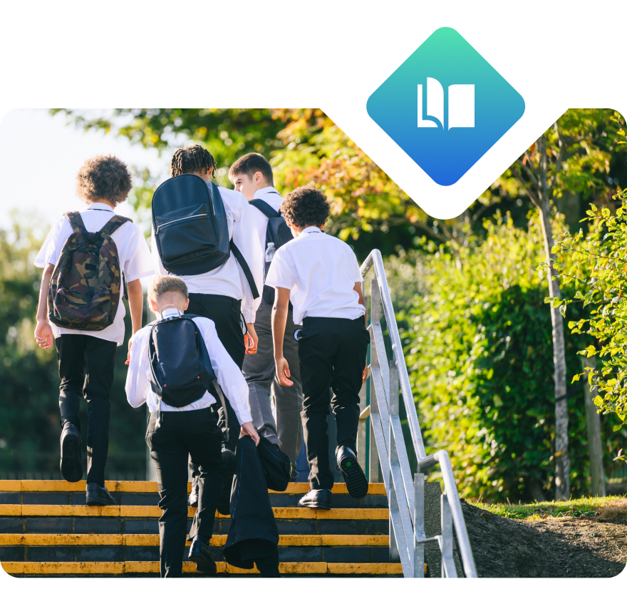 A group of uniformed youths climbing stairs.